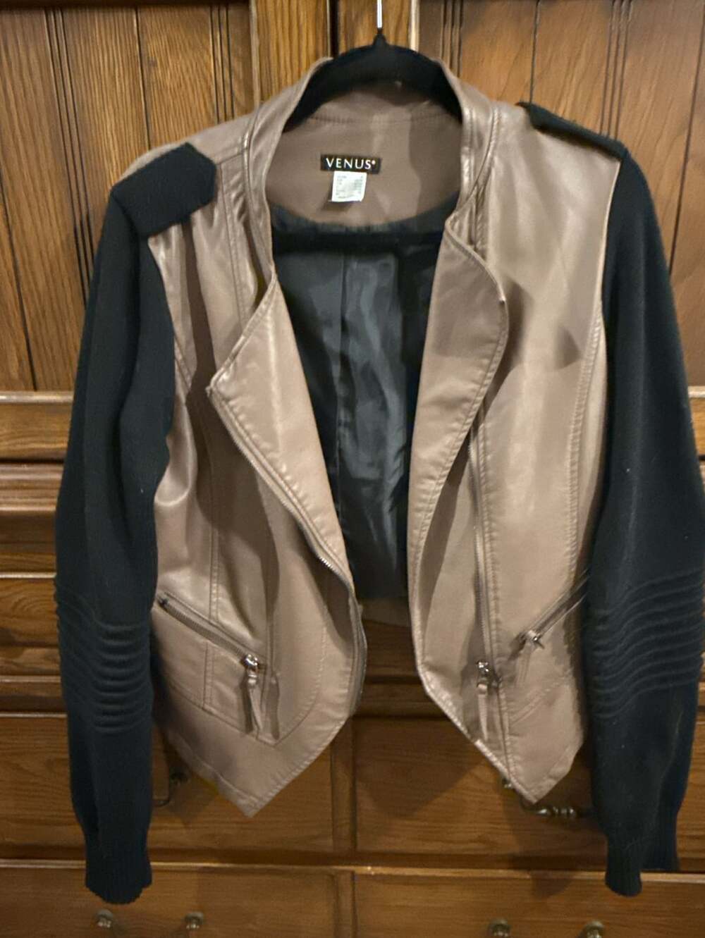 Venus Biker Jacket Size M Beige Black Faux Leather Moto Asymmetrical